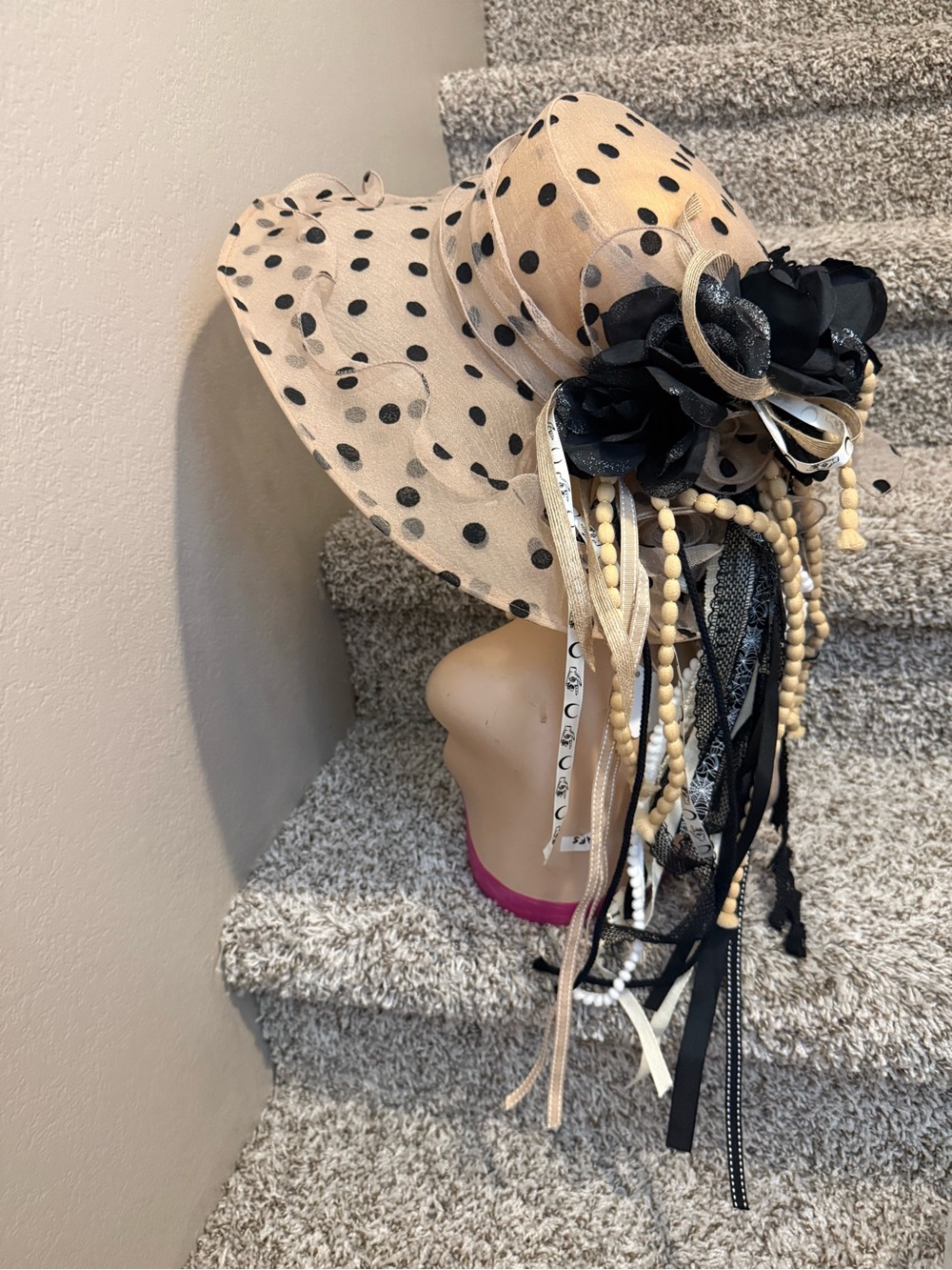 Polka Dot Sun Hat with Black Floral & Ribbon Accents